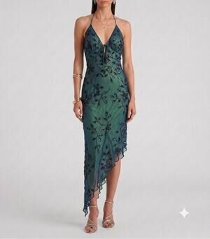 Vintage Y2K Caché 100% Silk Beaded Halter Asymmetrical Fairy Dress Size M